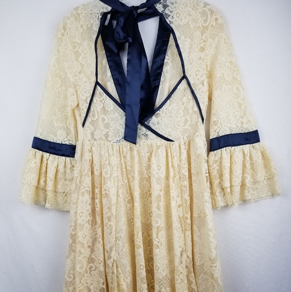 New Free People Ivory Guilded Lace Boho Open Back Dress Size XS - Picture 8 of 13